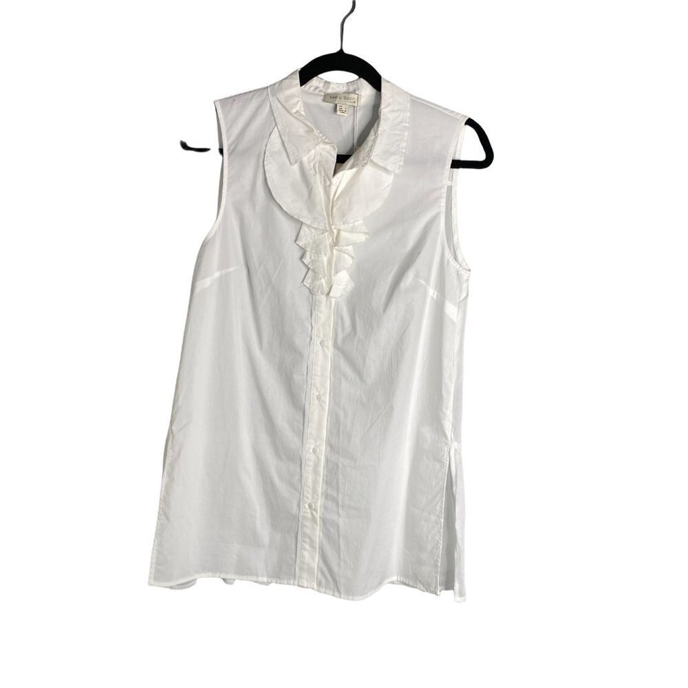 NWT Anthro See‎ U Soon Sleeveless Button Up Jabot Cascade Collar Blouse